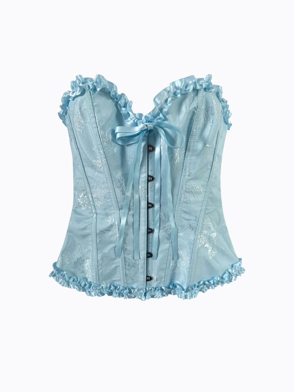 Light Blue Satin Floral Corset Bustier Top S Ruffle Trim Ribbon Lace Up Coquette